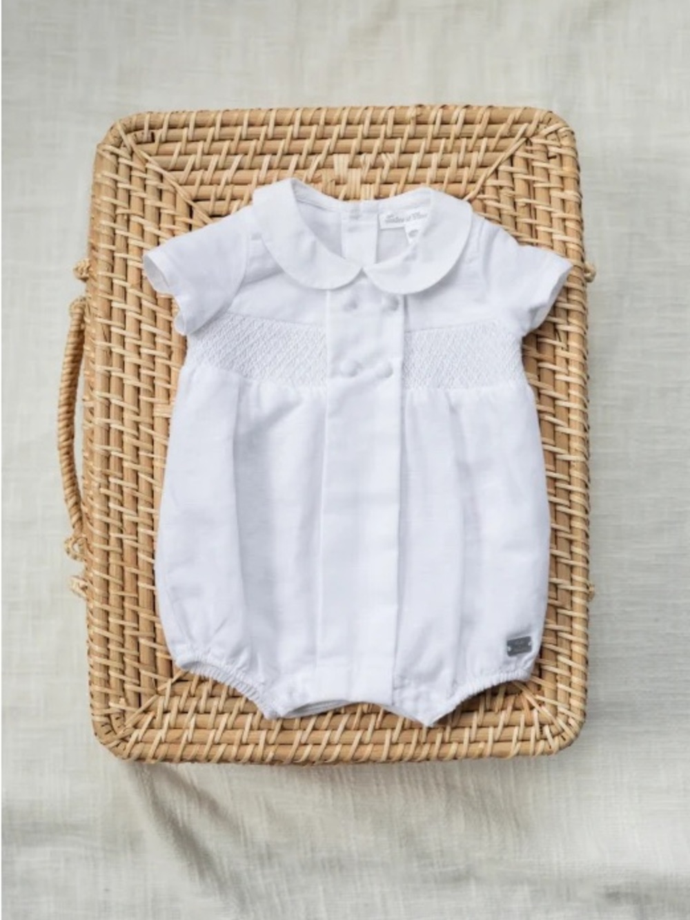 NIP Tartine et Chocolat White Linen Smocked Bubble Romper Baby $155